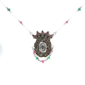 925 Ayar Gümüş ve Bronz Karışımı Yakut ve Zümrüt Taşlı Oval Otantik Kolye thumbnail 3