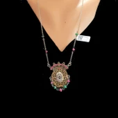 925 Ayar Gümüş ve Bronz Karışımı Yakut ve Zümrüt Taşlı Oval Otantik Kolye thumbnail 1