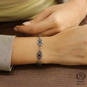 925 Ayar Gümüş Siyah Rodajlı Kök Safir Taşlı Antik Bileklik thumbnail 1