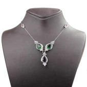 925 Ayar Gümüş Damla Zümrüt ve Safir Taşlı Y - Kolye thumbnail 5