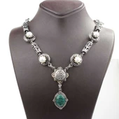 925 Ayar Gümüş  Zümrüt Taşlı Antik Bizans Kolye thumbnail 3