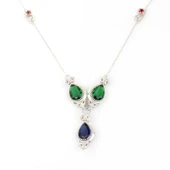 925 Ayar Gümüş Damla Zümrüt ve Safir Taşlı Y - Kolye thumbnail 1