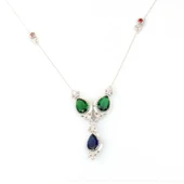 925 Ayar Gümüş Damla Zümrüt ve Safir Taşlı Y - Kolye thumbnail 4