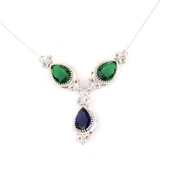 925 Ayar Gümüş Damla Zümrüt ve Safir Taşlı Y - Kolye thumbnail 3