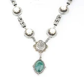 925 Ayar Gümüş  Zümrüt Taşlı Antik Bizans Kolye thumbnail 1