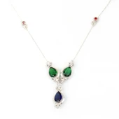 925 Ayar Gümüş Damla Zümrüt ve Safir Taşlı Y - Kolye thumbnail 2