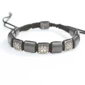 925 Ayar Gümüş Desenli ve Hematit Taşlı Siyah İpli Bileklik thumbnail 1