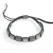 925 Ayar Gümüş Desenli ve Hematit Taşlı Siyah İpli Bileklik thumbnail 3