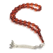 925 Ayar Gümüş Püsküllü Badem Şekilli Ateş Kehribarı Tesbih thumbnail 1