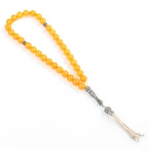 925 Ayar Gümüş Turuncu Renk Küre Kesim Osmanlı Tuğralı Sıkma Kehribar Tesbih thumbnail 2