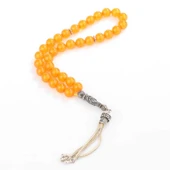 925 Ayar Gümüş Turuncu Renk Küre Kesim Osmanlı Arması Sıkma Kehribar Tesbih thumbnail 1