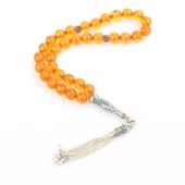 925 Ayar Gümüş Küre Kesim Turuncu Renk Sıkma Kehribar Tesbih thumbnail 1