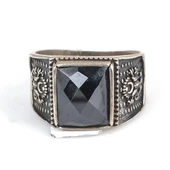 925 Ayar Gümüş Dikdörtgen Onyx Taşlı Osmanlı Arması İşlemeli Erkek Yüzük thumbnail 4