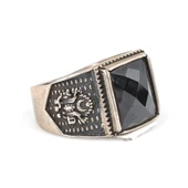 925 Ayar Gümüş Dikdörtgen Onyx Taşlı Osmanlı Arması İşlemeli Erkek Yüzük thumbnail 2