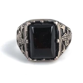 925 Ayar Gümüş Dikdörtgen Oniks Taşlı Tuğralı İşlemeli Erkek Yüzük thumbnail 4