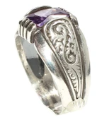 925 Ayar Gümüş Zümrüt Kesim Ametist Taşlı Desenli Erkek Yüzük thumbnail 7