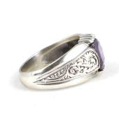 925 Ayar Gümüş Zümrüt Kesim Ametist Taşlı Desenli Erkek Yüzük thumbnail 4