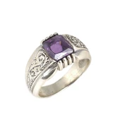 925 Ayar Gümüş Zümrüt Kesim Ametist Taşlı Desenli Erkek Yüzük thumbnail 2
