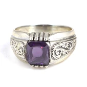 925 Ayar Gümüş Zümrüt Kesim Ametist Taşlı Desenli Erkek Yüzük thumbnail 5