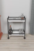 Servis Sunum Arabası Beyaz Ev Tipi Iki Katlı Şişe Bölmeli Servant Bar Cart - 3
