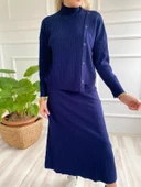 Kadın Fitilli Düğme Detaylı Triko Takım Lacivert - 2