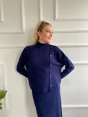 Kadın Fitilli Düğme Detaylı Triko Takım Lacivert - 4