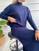 Kadın Fitilli Düğme Detaylı Triko Takım Lacivert - 1