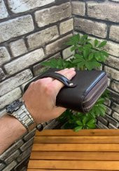 Guard Çift Fermuarlı Kahverengi Hakiki Deri El Çantası Erkek / Kadın P3031 - 4