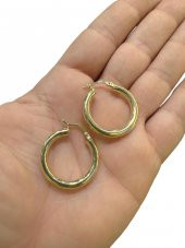 Taşsız Düz Kalın Şişik Günlük Altın Halka Küpe 14 Ayar 28 mm - 3