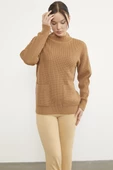 Petek Örgü Dik Yaka Triko Kazak - Kamel thumbnail 3