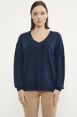 Saç Örgü Detaylı V Yaka Triko Kazak - Lacivert thumbnail 1