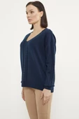 Saç Örgü Detaylı V Yaka Triko Kazak - Lacivert thumbnail 4