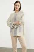 Leopar Detaylı Geniş Kalıp Triko Hırka - Bej - 4