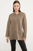 Cepli Gömlek Yaka Fermuarlı Triko Hırka - Sütlü Kahve - 1