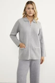 Cepli Gömlek Yaka Fermuarlı Triko Hırka - Açık Gri - 1