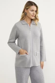 Cepli Gömlek Yaka Fermuarlı Triko Hırka - Açık Gri - 4