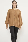 Sıfır Yaka Düğmeli Triko Hırka - Kamel thumbnail 1