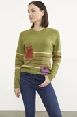Blok Cepli Renk Çizgili Triko Kazak - Yeşil thumbnail 3