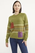 Blok Cepli Renk Çizgili Triko Kazak - Yeşil thumbnail 1