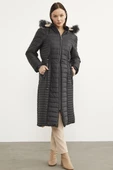Suni Kürk Kapüşonlu Fermuarlı Uzun Kaban - Siyah thumbnail 2