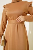 Omuz Fırfırlı Kuşaklı Elbise Latte - 4