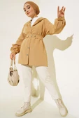 Kapşonlu Çıt Çıt Kısa Trenç Camel thumbnail 2