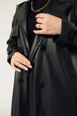 Düğmeli Kuşaklı Deri Trençkot Siyah thumbnail 4