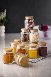 12 Li Set Bambu Kapaklı Cam Kavanoz & Baharat Takımı & Baharatlık 250 ML ( Vakum Kapak ) - 1