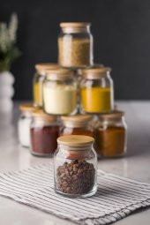 12 Li Set Bambu Kapaklı Cam Kavanoz & Baharat Takımı & Baharatlık 250 ML ( Vakum Kapak ) - 3