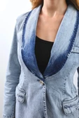 Kadın Uzun Kollu Tek Düğmeli Jean Ceket Buz Mavi - 9