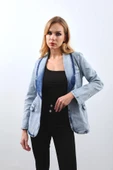 Kadın Uzun Kollu Tek Düğmeli Jean Ceket Buz Mavi thumbnail 6