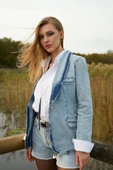 Kadın Uzun Kollu Tek Düğmeli Jean Ceket Buz Mavi - 2