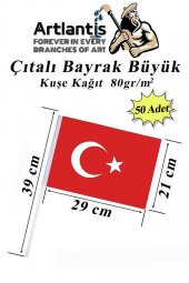 Çıtalı Bayrak Kağıt 21x29 cm 50 Adet Ay Yıldızlı Türk Bayrağı Çıtalı Sopalı Büyük Bayrak Plastik Çubuklu Bayrak - 1