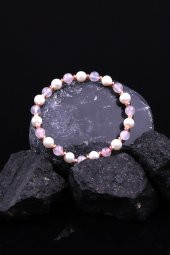 İnci - Hematit - Pembe Kuvars Doğal Taş Tasarım Bileklik thumbnail 2